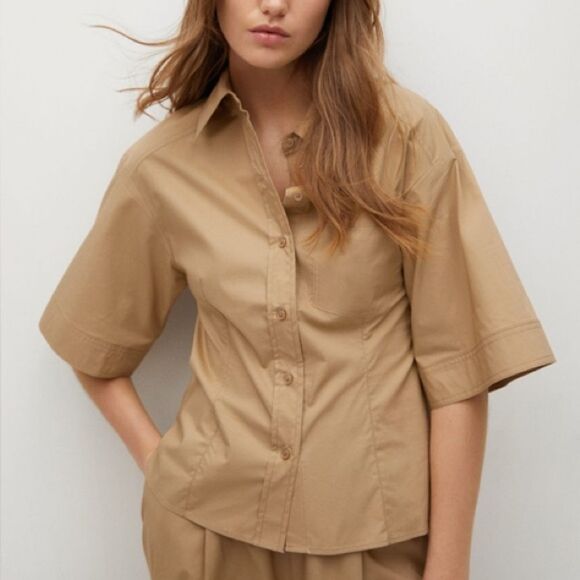 Mango Shirt Defined Waist Flared Sleeves Light Brown New